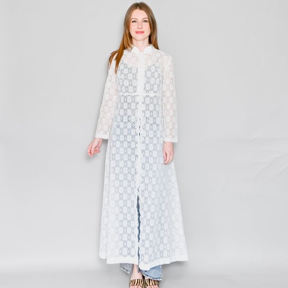 VINTAGE White Floral Sheer Lace Maxi Duster - Picture 3 of 8